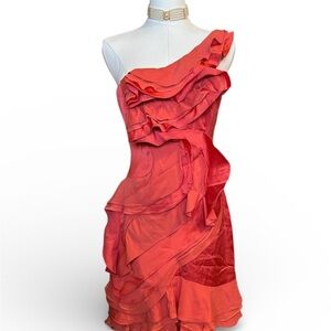 BCBGMaxAzria One-Shoulder Ruffle Dress in Vibrant Red